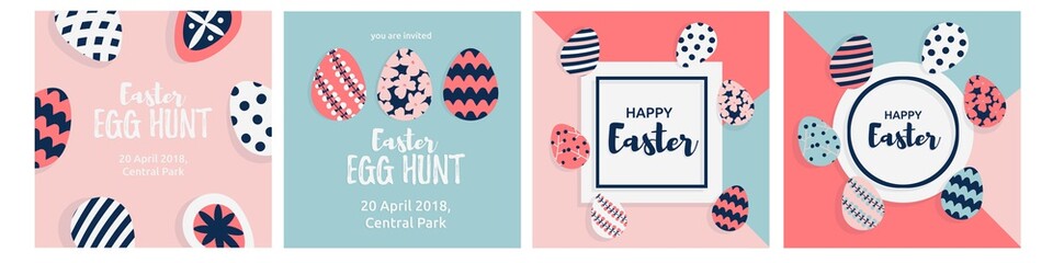 Happy Easter card with cute Easter eggs decorated and greeting text. Vector illustration in trendy flat cartoon