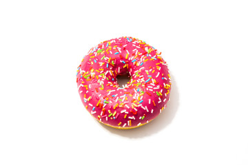 pink donut on a white background, delicious sweet snack