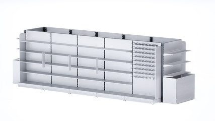 3D image side view of grocery shelves with differents types of showcases. Shelves with shelfs and with hooks. Also it has shelf stoppers, big side stoppers and front/end shelves.