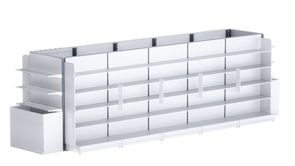 3D image side view of grocery shelves. Also it has shelf stoppers, big side stoppers and front/end shelves. On the white isolated background.