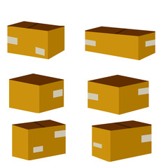 Set of parcels in cardboard boxes. Square carton. Cartoon flat illustration. Warehouse and mail item. Delivery of cargo. Packed goods. Brown objects