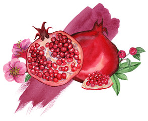 Watercolor illustrations of pomegranate for wedding cards, romantic prints, fabrics, textiles and scrapbooking.