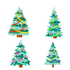 Christmas tree. Holiday and new year. Set of green plants. Garlands, lights and decoration. Cartoon flat illustration
