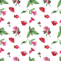 Watercolor seamless pattern of pomegranate fruit, for wedding cards, romantic prints, fabrics, textiles and scrapbooking.