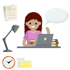 Woman sit at table with laptop. Education and books. Bubble text. Conversation and speech. Set of business items. Clock, paper file document, lamp. Work freelance and programmer. Flat cartoon.