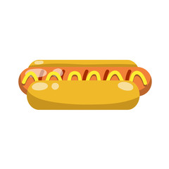 Hot dog. Bread, sausage, ketchup. Icon Harmful diet. Delicious Bun. Fast junk food. Cartoon flat illustration