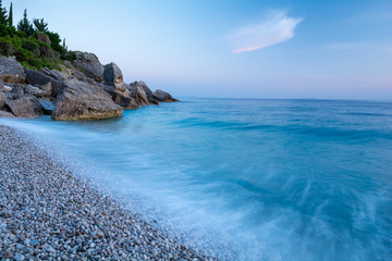 sea wave on long time exposure during dusk in Albania