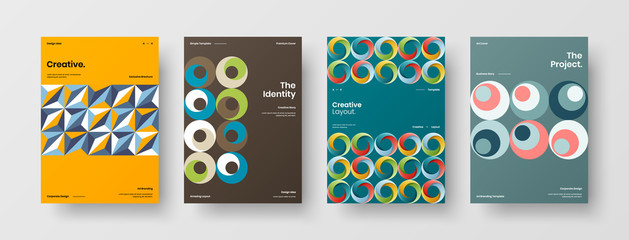 Company identity brochure template collection. Business presentation vector A4 vertical orientation front page mock up set. Corporate report cover abstract geometric illustration design layout bundle.