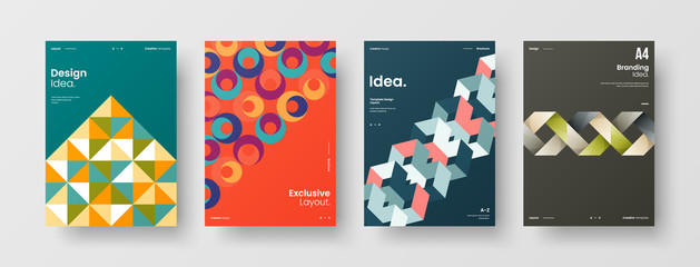 Fototapeta premium Company identity brochure template collection. Business presentation vector A4 vertical orientation front page mock up set. Corporate report cover abstract geometric illustration design layout bundle.