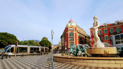The Sun Fountain is located on the south side of Place Massena.
square with fountain du Soleil in the city of Nice