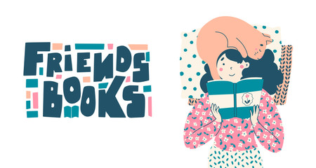 Girl with cat, lies reading book. Literature friends concept vector landing page template