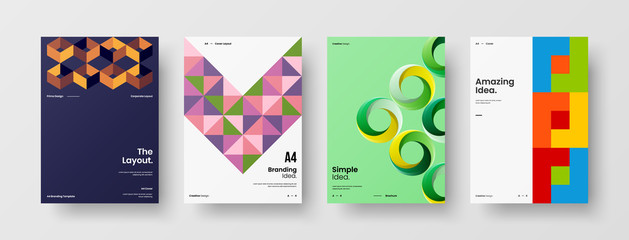 Fototapeta premium Company identity brochure template collection. Business presentation vector A4 vertical orientation front page mock up set. Corporate report cover abstract geometric illustration design layout bundle.