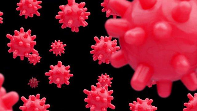 Animation of the red coronavirus in a group moving around. Coronavirus Covid19 concept.