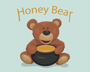 Teddy bear with pot of honey. Vector illustration for children