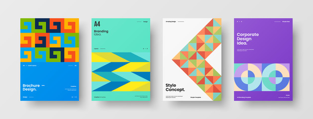 Fototapeta premium Company identity brochure template collection. Business presentation vector A4 vertical orientation front page mock up set. Corporate report cover abstract geometric illustration design layout bundle.