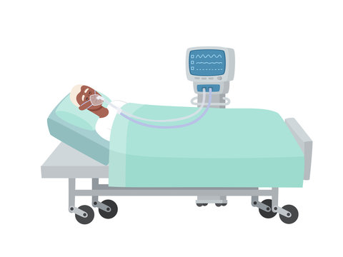 Old Man In Hospital Bed With Oxygen Mask And Ventilator