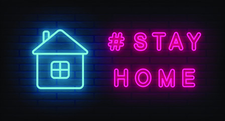 Hashtag stay home vector bright neon colorful signboard. Editable color and brightness signs letters icons symbols. Coronavirus, protection, covid 19, quarantine, pandemic, self isolation, save lives