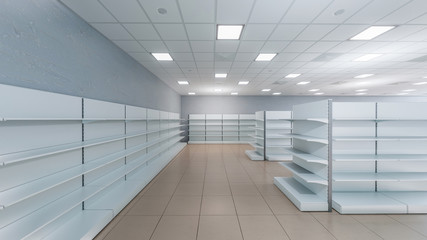3D image of interior in the cheap discount supermarket with rows of grocery shelves inside