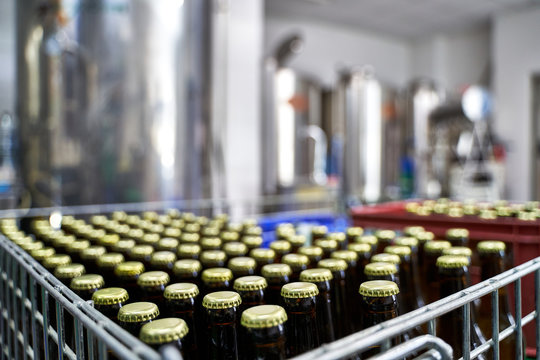 Selective focus on a raw of capped beer bottles in a brewery ready to be distributed in boxes