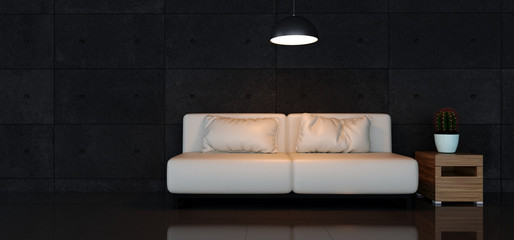 Modern Minimalist White Sofa Couch Leather On Empty Room Concrete Rough Grunge Wall Reflective Floor Wooden Empty Space Background Single Light 3D Rendering