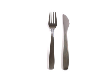 Dessert fork and knife on a white background