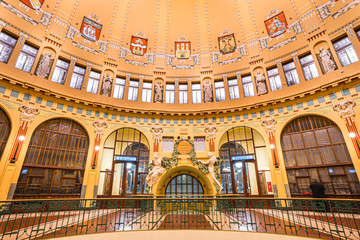 Interior of the historical main railway station in Prague, Czech Republic called Fantova kavarna,...