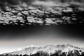 Black and white shot of a mountain range in the area of Rosa Khutor Krasnaya Polyana