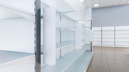 3D image close-up view of stoppers at the grocery shelves inside cheap discount supermarket interior