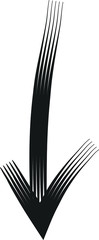 Black painted brush stroke downward, down or below pointing sketched as vector symbol on white background.
