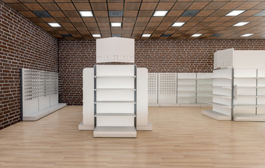 3D image side view of grocery shelves with toppers, stoppers and hooks inside premium supermarket interior