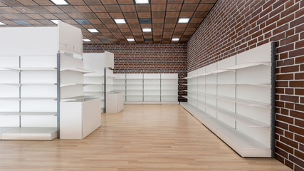 3D image of interior in the premium supermarket with rows of grocery shelves with toppers, stoppers and ad mockups inside