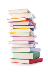 Stack of colorful books isolated on white background. Collection of different books. Hardback books for reading. Back to school and education learning concept