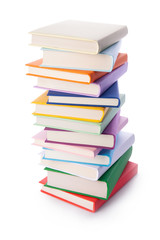 Stack of colorful books isolated on white background. Collection of different books. Hardback books for reading. Back to school and education learning concept