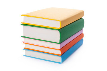 Fototapeta premium Stack of colorful books isolated on white background. Collection of different books. Hardback books for reading. Back to school and education learning concept