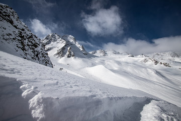 Obraz premium Mountain winter landscapes in the area Stubai Gletcher Glacier at Mutterberger-Alm