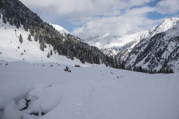 Mountain winter landscapes in the area Stubai Gletcher Glacier at  Mutterberger-Alm
