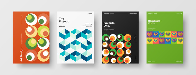 Company identity brochure template collection. Business presentation vector A4 vertical orientation front page mock up set. Corporate report cover abstract geometric illustration design layout bundle.