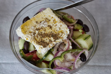 Greek salad in an inexpensive tavern in Loutraki