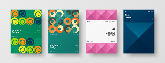 Company identity brochure template collection. Business presentation vector A4 vertical orientation front page mock up set. Corporate report cover abstract geometric illustration design layout bundle.