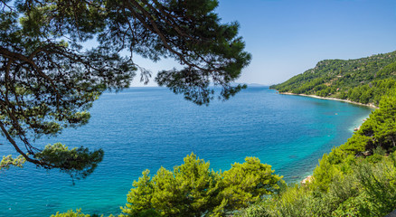 Fototapeta na wymiar Paisaje idílico enmarcado en verde en la costa croata, en verano de 2019