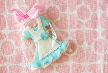 Sweet moments. Background pink heart. A beautiful cookie like Alice's dress in Wonderland.
