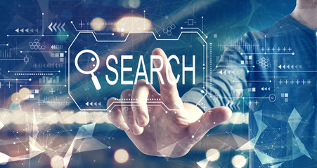 Searching theme with a man on blurred city background