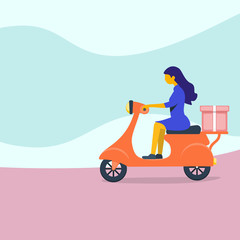 Fototapeta na wymiar Express city delivery on scooter. Fast shipment concept. Delivery service poster with female character. illustration