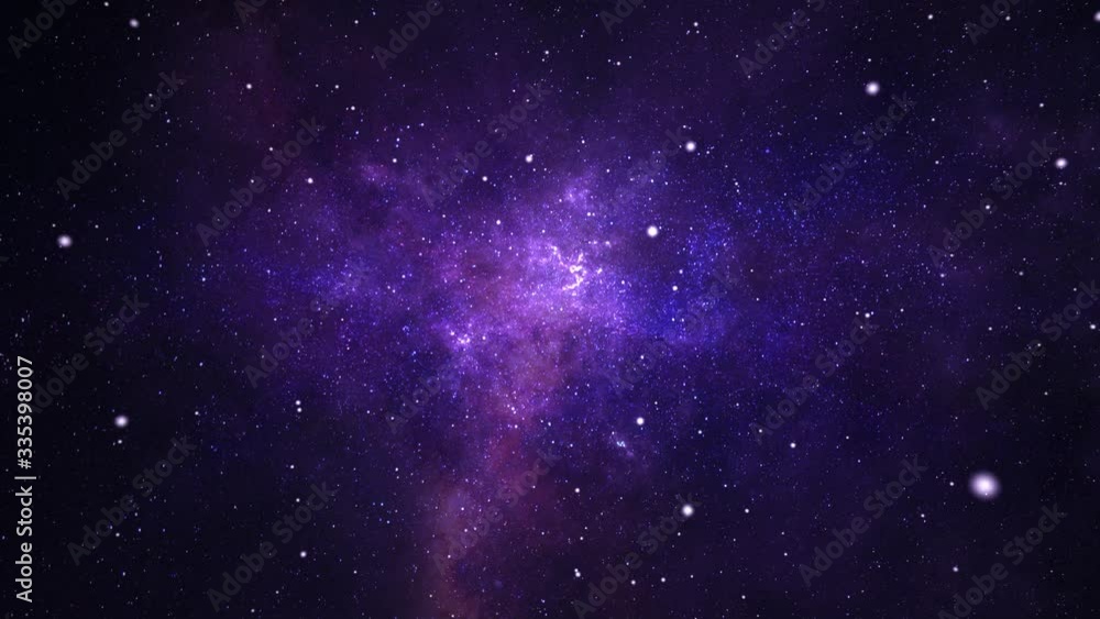 Poster flying through space passing stars. 4k motion design loop animation for science, astronomy, nebula, 