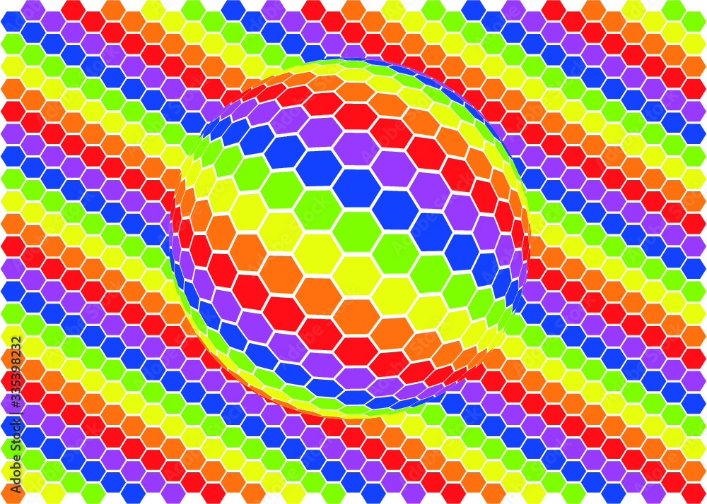 Poster vector illustration of a distorted multicolor surface. 2d pattern with fisheye 3d effect