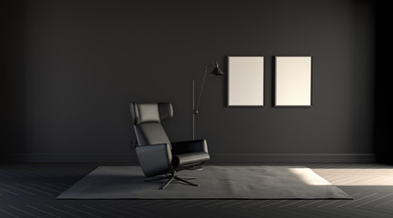 poster frames and a single sofa in a dim, gloomy  room with a carpet. Black background. 3D rendering
