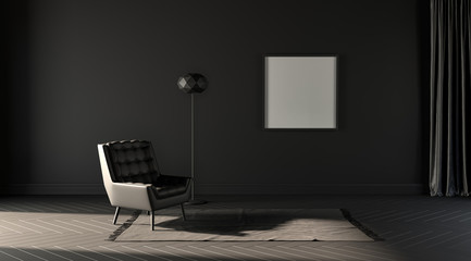 poster frames and a single sofa in a dim, gloomy  room with a carpet. Black background. 3D rendering