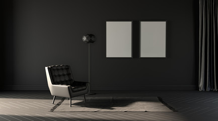 poster frames and a single sofa in a dim, gloomy  room with a carpet. Black background. 3D rendering