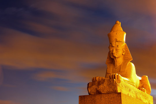 Sphinxe in St. Petersburg on the embankment of the Neva river in front of the Academy of fine arts and the Blagoveshchensk bridge as background at night