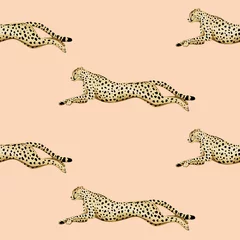 Keuken foto achterwand Afrikaanse dieren Vintage lopende cheetah dierlijke naadloze patroon roze achtergrond. Exotisch safaribehang.